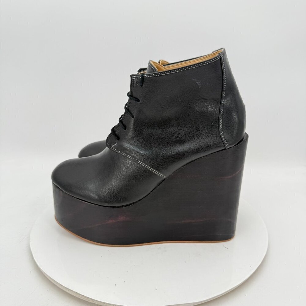 Deandri Women Size 6 Black Leather Lace Up Platform High Wedges Ankle Boot